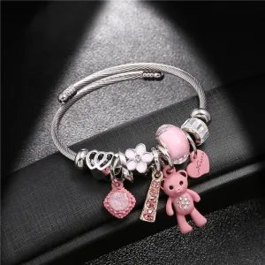 Wenkouban Fashion Bracelets & Bangles Stainless Steel DIY Jewelry Big Pink Bear Pendant Hearts Love Women's Bracelet Cuff Charms Pulseras