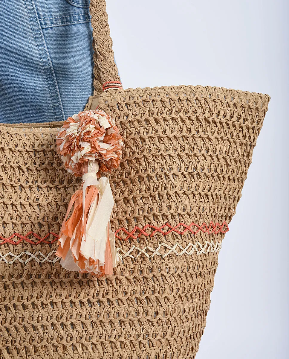 Woven Tote Bag with Pom Pom Tassel