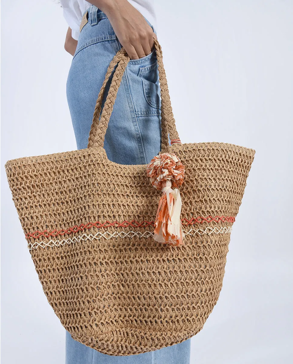 Woven Tote Bag with Pom Pom Tassel