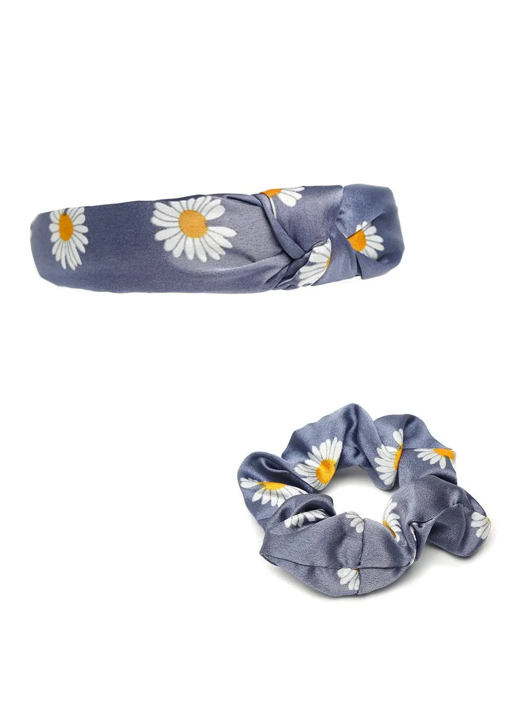 Yellow Chimes Hair Band for Girls Women Hair Accessories for Girls Hairband & Scrunchies Set For Women Floral Printed Blue Satin Scrunchies Head Bands for Girls Hair Ties Head Band for Girls Gift For Women & Girls